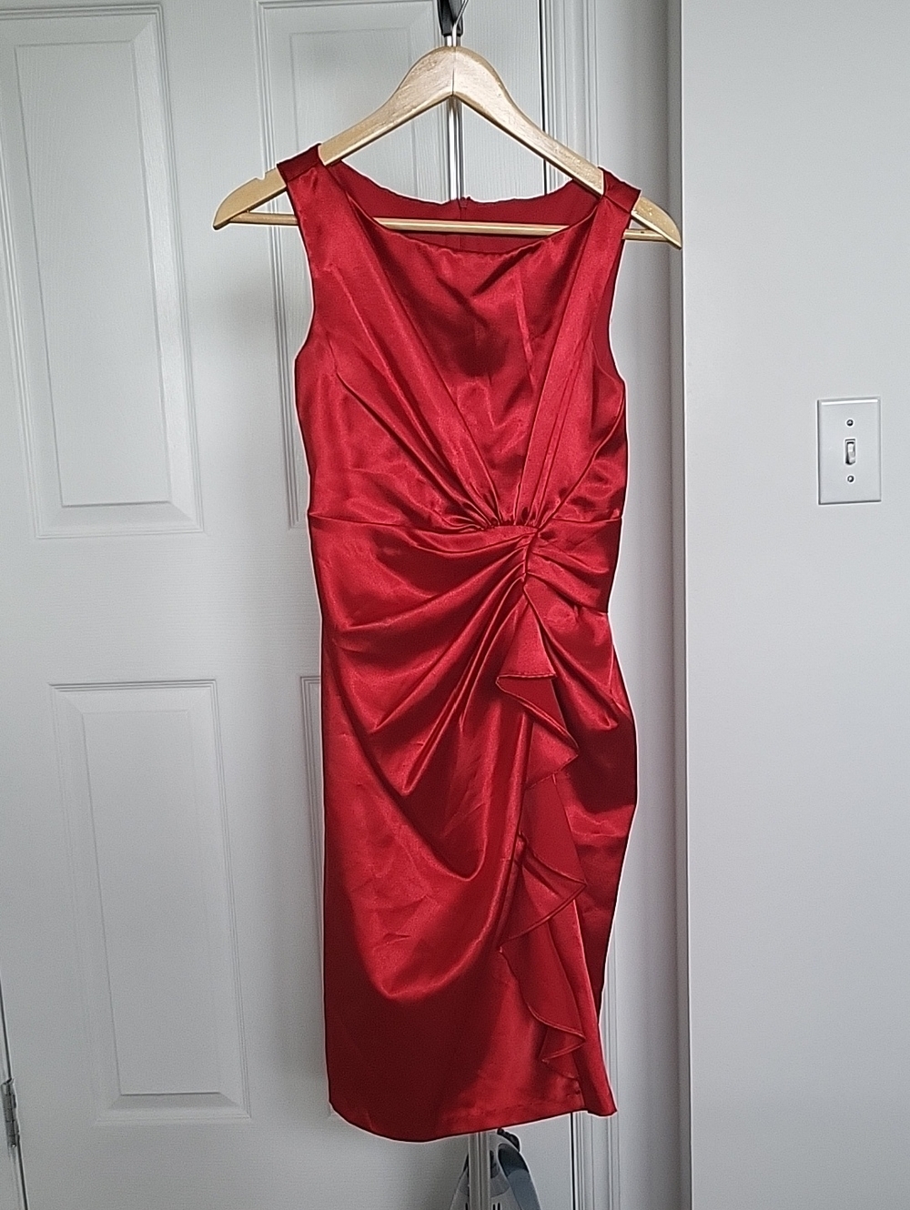 Red Sleeveless Midi Dress with Side Ruching and Cascade Detail